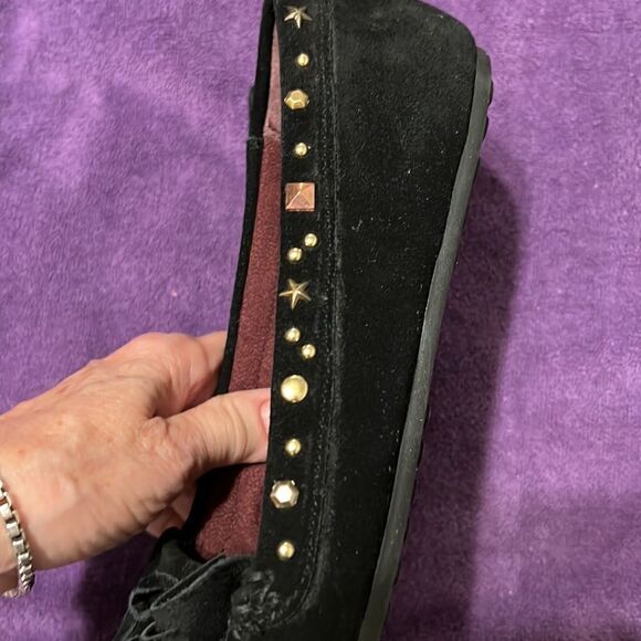 NWOT LEI size 9 black suede slip on flats with studs stars and tassel trim - Picture 9 of 12